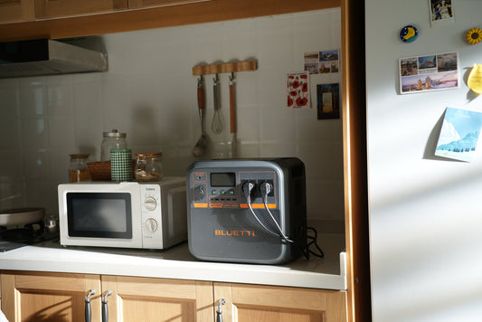 BLUETTI AC180P portable power station on a kitchen counter for UK home backup