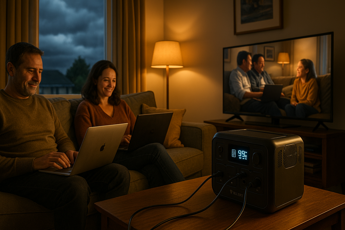 Family in a modern UK living room using laptops and watching TV during a storm, powered by a VoltReady™ portable power station glowing softly on a side table