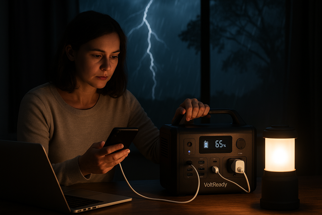 A woman sits in a dark room during a stormy blackout, using her phone and laptop powered by a VoltReady portable power station beside a glowing lantern, symbolizing reliable backup energy and peace of mind during UK power cuts.