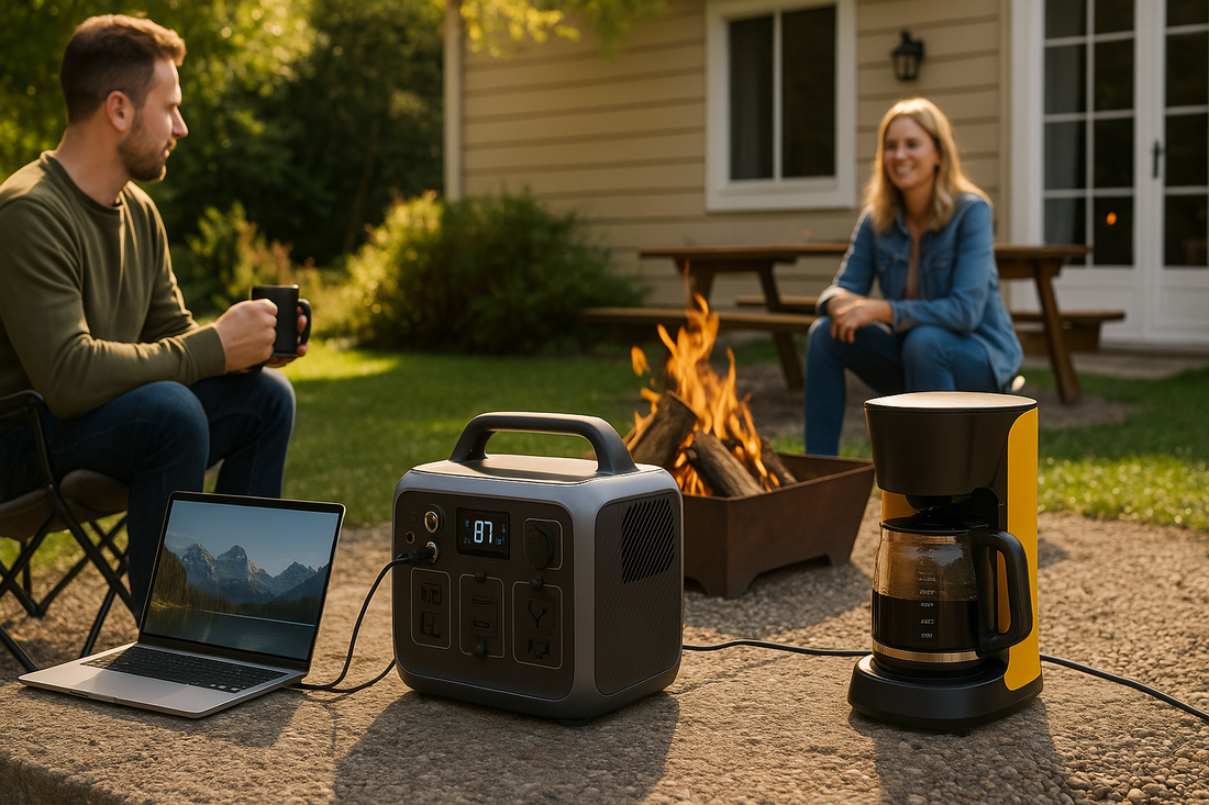 A UK couple relaxing outdoors near their home using a portable power station to run a laptop and coffee maker, symbolising reliable backup power and preparedness.