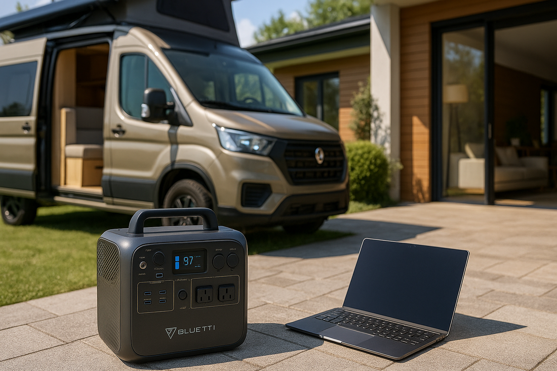 A modern UK home with a camper van and a portable Bluetti power station powering a laptop outdoors, showing versatile backup power for home and travel.
