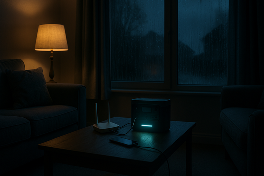 Cinematic UK living room during a winter power cut with only a warm lamp and a teal-glowing portable power station powering a Wi-Fi router and phone while rain falls outside.
