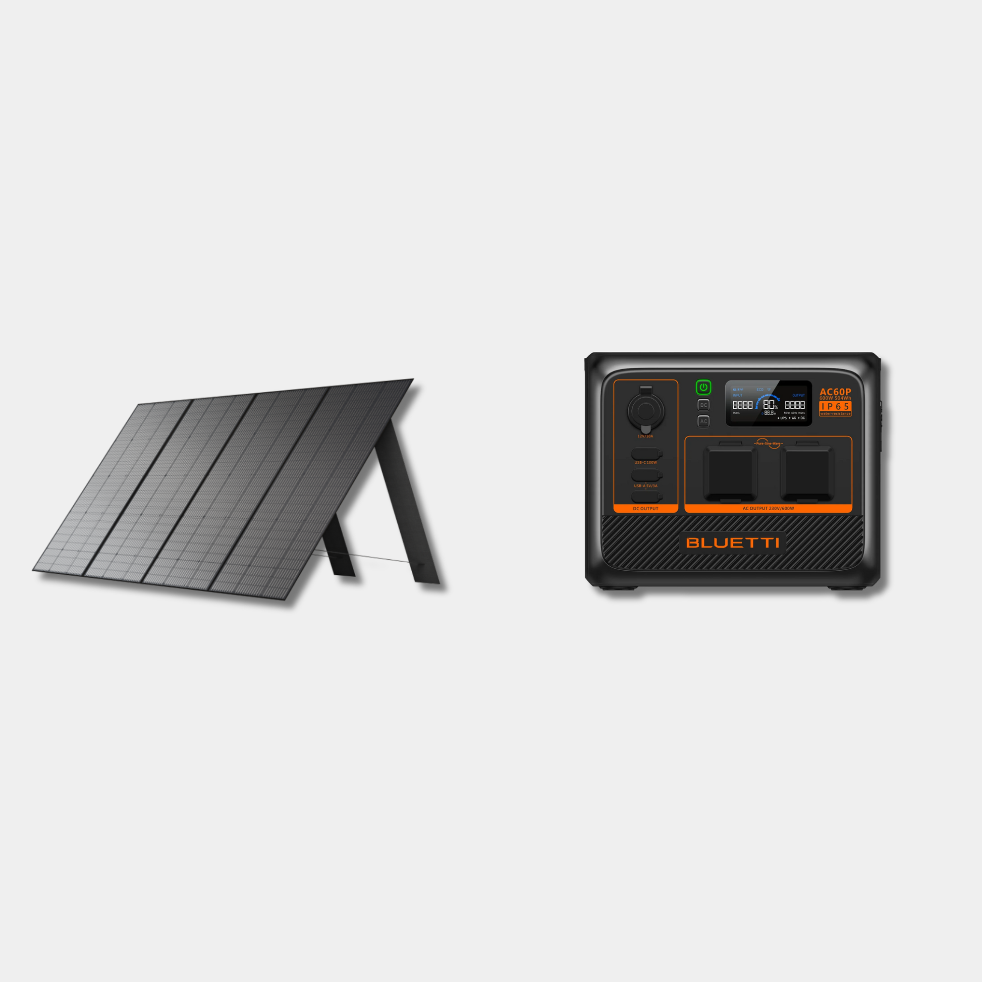 Bluetti AC60P and PV350 solar generator bundle on grey studio background for UK power backup.
