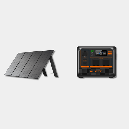 Bluetti AC60P and PV350 solar generator bundle on grey studio background for UK power backup.
