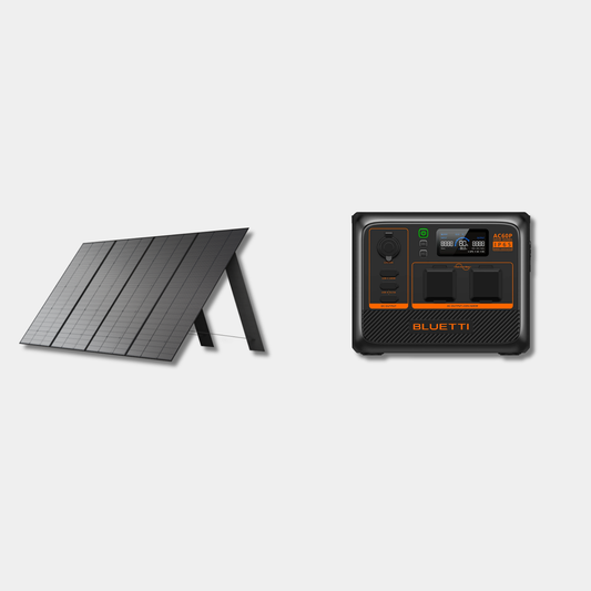 Bluetti AC60P and PV350 solar generator bundle on grey studio background for UK power backup.
