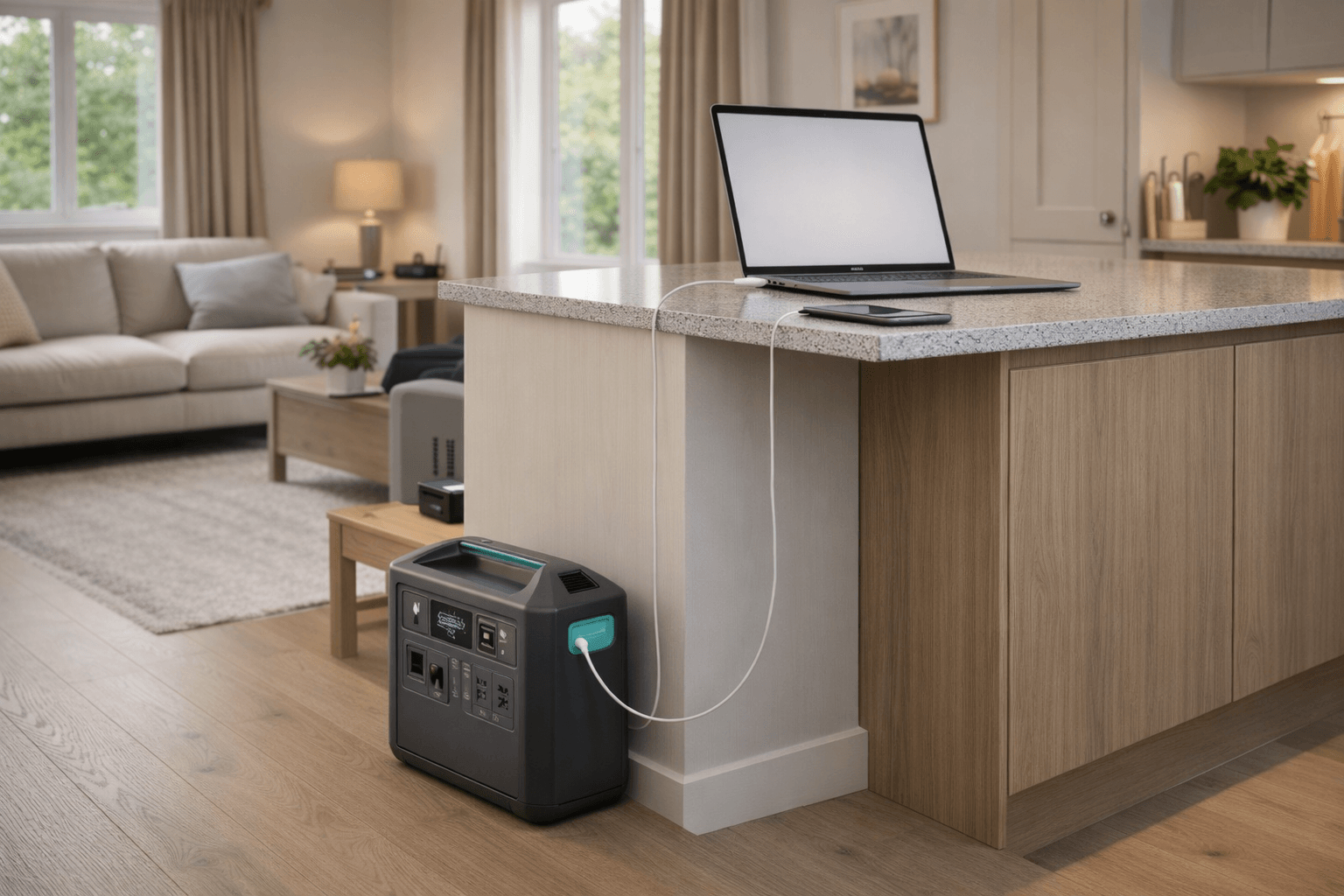 Portable power station charging a laptop and smartphone in a modern UK home during daytime