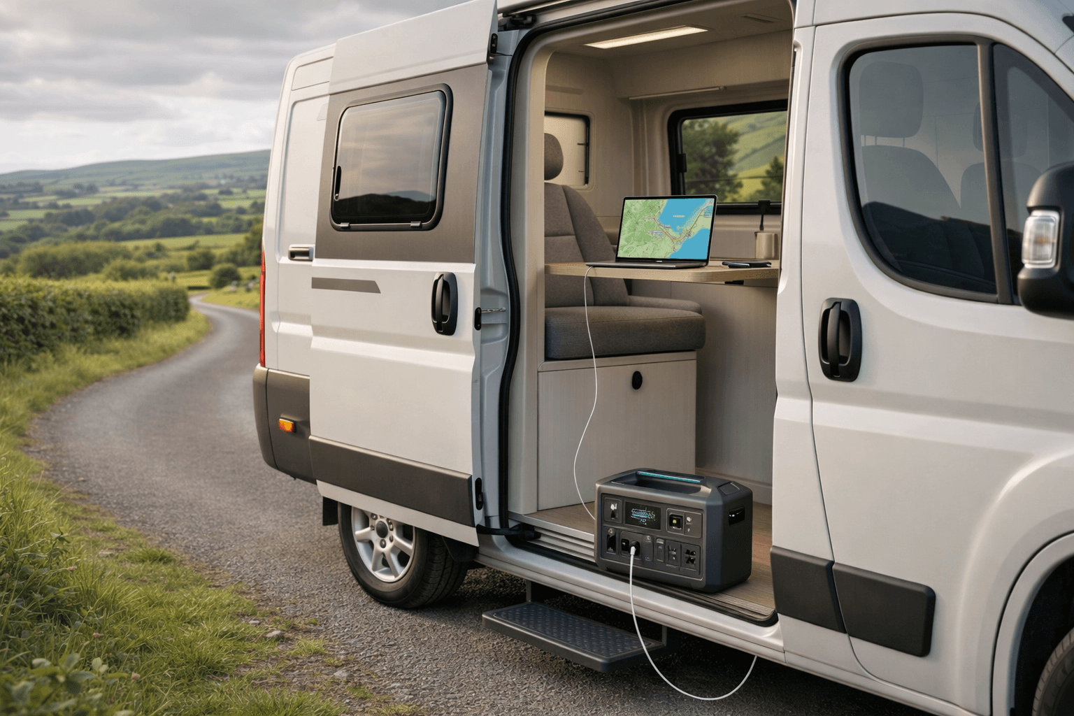 Portable power station charging a laptop inside a motorhome parked in the UK countryside during summer