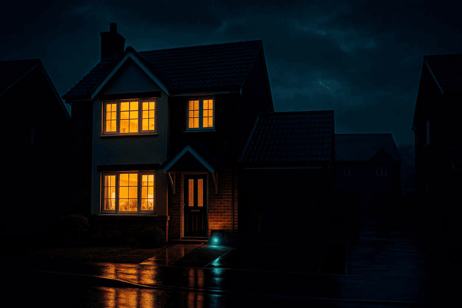 Modern UK home glowing with warm lights during a storm, symbolising reliable backup power from VoltReady.