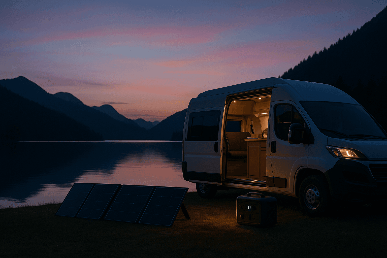 Campervan beside a lake at dusk powered by solar panels and a portable power station, showcasing off-grid energy from VoltReady.