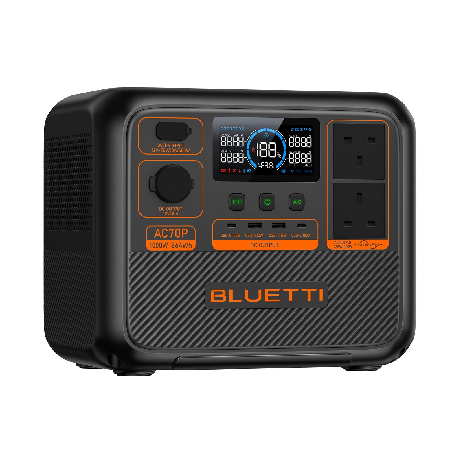 BLUETTI AC70P portable power station ports and display